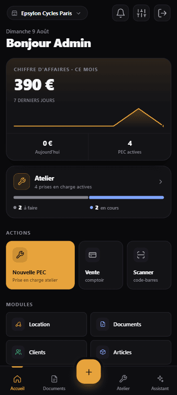 Accueil de l'application mobile Epsylon — chiffre d'affaires du mois, prises en charge actives et accès rapide à la nouvelle PEC