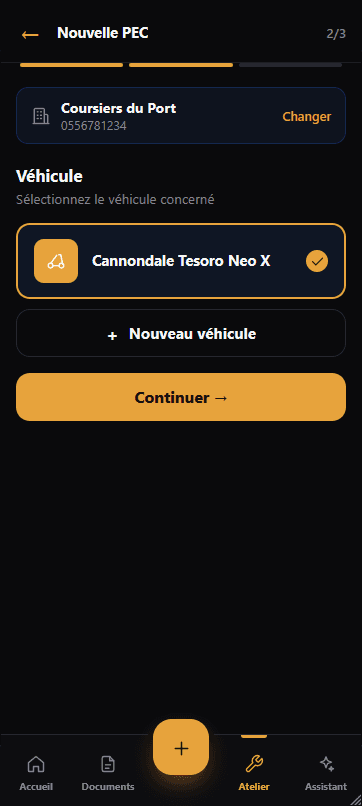 Création d'une prise en charge dans l'application mobile Epsylon — sélection du véhicule du client par son VIN