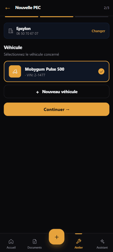 Création d'une prise en charge dans l'application mobile Epsylon — sélection du véhicule du client par son VIN